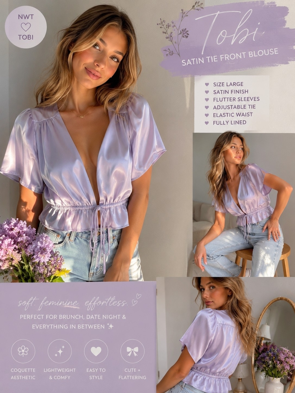 ✨ NWT TOBI Lilac Satin Tie Front Blouse Coquette Fairycore Y2K Top L ✨